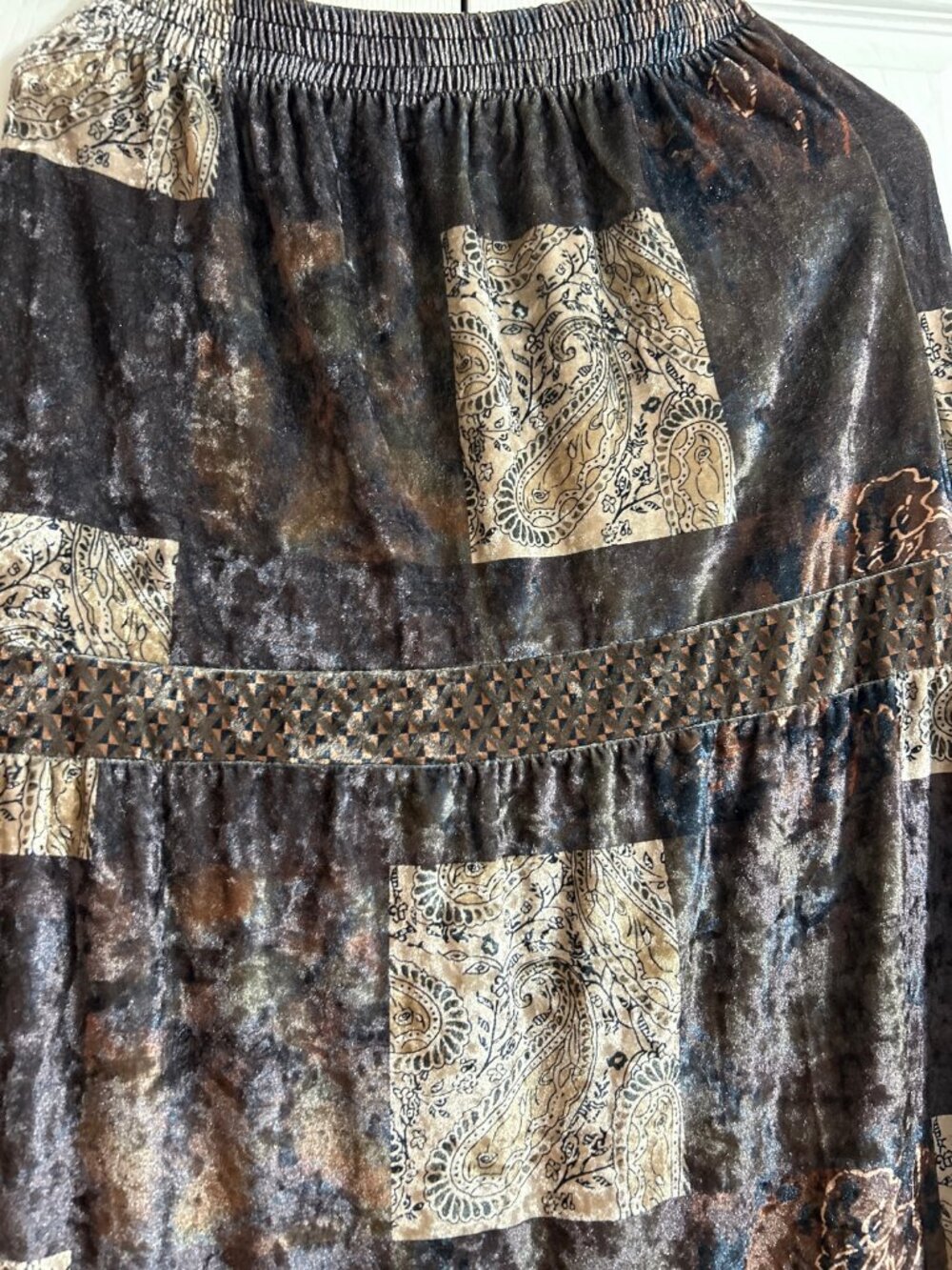 Velvet Paisley Maxi Skirt – Boho Patchwork Tiered Long Skirt